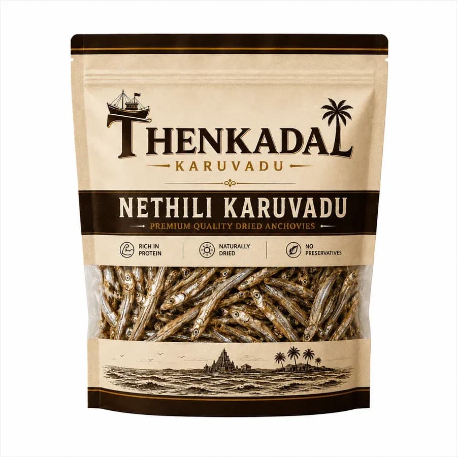 Thenkadal Karuvadu 500g pack of Nethili Karuvadu (dried anchovies)